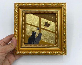 Gold Foil Oil Painting, Small Framed Original Art, 4x4 Inch Canvas ...