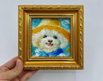 Oryginalne malarstwo olejne, sztuka ścienna z psem, dekoracja ścienna do pokoju dziecięcego, małe płótno w ramie