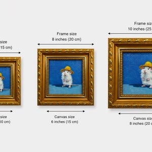 May include: Three framed paintings of a white mouse wearing a yellow hat against a blue background. The frames are gold with ornate detailing. Sizes are labeled: 6 inches, 8 inches, and 10 inches for frames, and 4 inches, 6 inches, and 8 inches for canvas.