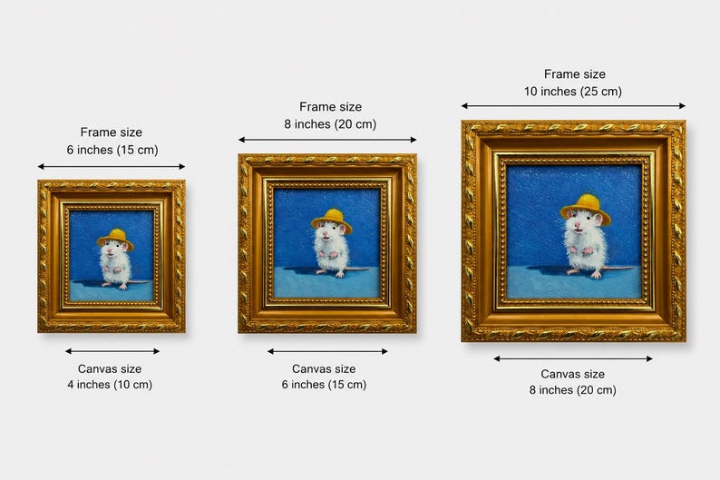 May include: Three framed paintings of a white mouse wearing a yellow hat against a blue background. The frames are gold with ornate detailing. Sizes are labeled: 6 inches, 8 inches, and 10 inches for frames, and 4 inches, 6 inches, and 8 inches for canvas.