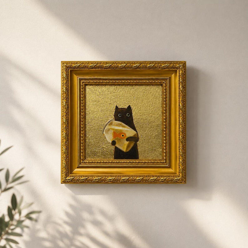 Original Oil Painting, Framed Canvas Wall Art, Small Gold Leaf Art, Gold Frame Wall Decor, Gift for Friends, Black Cat with Fish Tank image 1