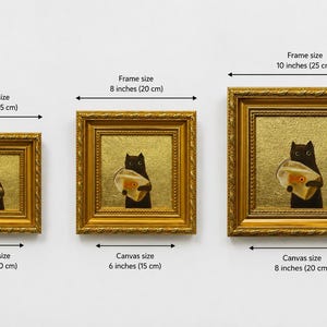 Original Oil Painting, Framed Canvas Wall Art, Small Gold Leaf Art, Gold Frame Wall Decor, Gift for Friends, Black Cat with Fish Tank image 4