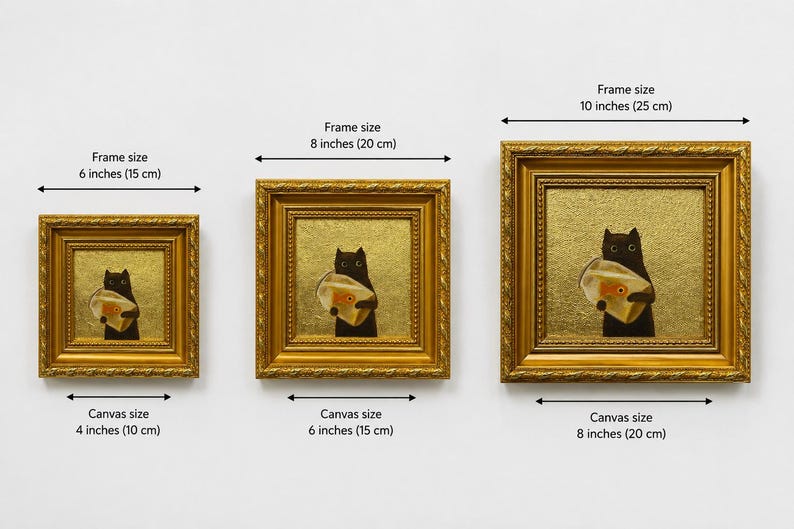 Original Oil Painting, Framed Canvas Wall Art, Small Gold Leaf Art, Gold Frame Wall Decor, Gift for Friends, Black Cat with Fish Tank image 4