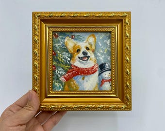 Dipinto ad olio originale, raffigurante un cane Corgi a Natale, decorazione murale per la cameretta, piccola tela incorniciata.