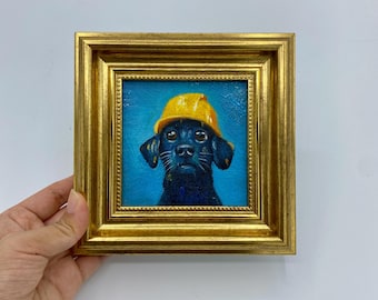 Oryginalne malarstwo olejne, sztuka ścienna z psem, dekoracja ścienna do pokoju dziecięcego, małe płótno w ramie