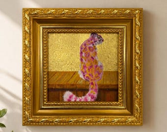 Original Oil Painting, Pink Leopard Wall Art, Framed Art, Canvas Wall Art, Small Gold Leaf Artwork