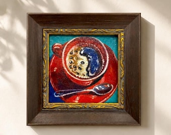 Origineel olieverfschilderij, wanddecoratie voor de koffiehoek, wanddecoratie voor de keuken, ingelijste kunst, wanddecoratie op canvas