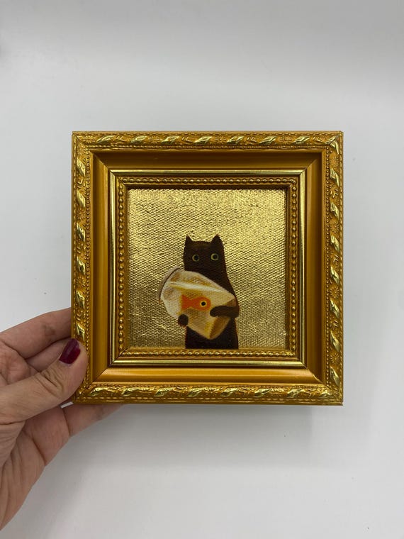 Oil Painting Original Art, Framed Canvas Wall Art, Small Gold Leaf Art, Gold Frame Wall Decor, Gift for Friends, Black Cat with Fish Tank