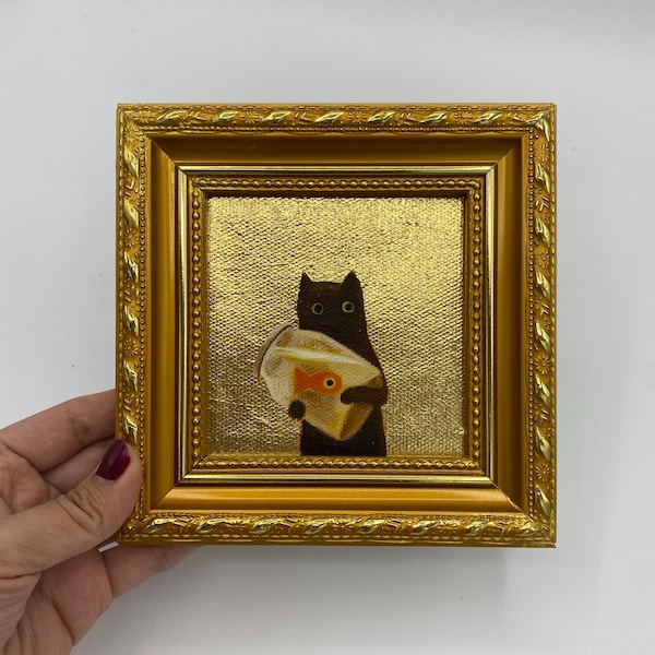 Gold Foil Oil Painting, Small Framed Original Art, 4x4 Canvas Artwork, Gift for Friends, Gold Frame Wall Decor, Black Cat with Fish Tank