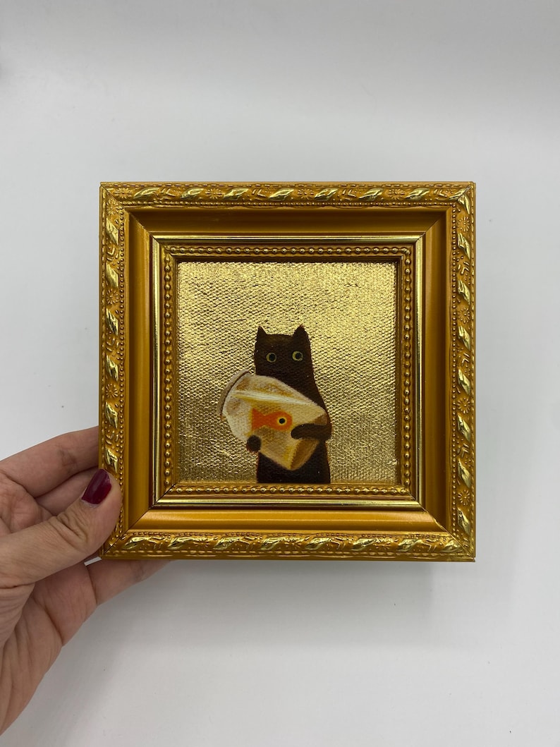 Gold Foil Oil Painting, Small Framed Original Art, 4x4 Canvas Artwork, Gift for Friends, Gold Frame Wall Decor, Black Cat with Fish Tank