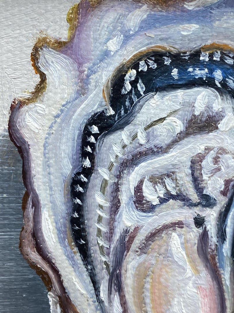 May include: Close-up of an abstract painting of a shell. The artwork features a palette of white, blue, brown, and purple hues. The brushstrokes create a textured, layered effect, with visible details and a sense of depth.