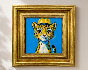 Original Oil Painting, Leopard Wall Art, Jungle Nursery Wall Decor, Framed Art, Canvas Wall Art