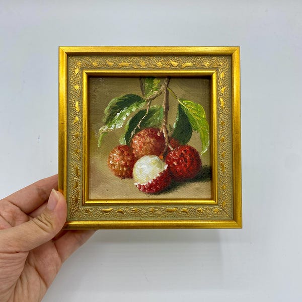 Handgemaltes Original Ölgemälde 4 x 4 zoll Leinwand, Einweihungsgeschenk, Obst Dekor, Litschi