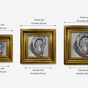 May include: Three framed oyster shell art prints. The frames are gold-colored, with sizes of 6 inches (15 cm), 8 inches (20 cm), and 10 inches (25 cm). The canvas sizes are 4 inches (10 cm), 6 inches (15 cm), and 8 inches (20 cm).