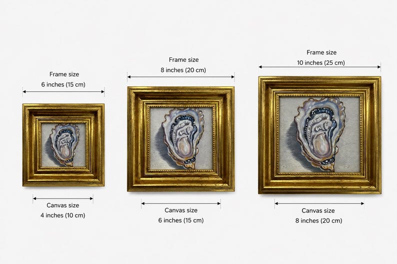 May include: Three framed oyster shell art prints. The frames are gold-colored, with sizes of 6 inches (15 cm), 8 inches (20 cm), and 10 inches (25 cm). The canvas sizes are 4 inches (10 cm), 6 inches (15 cm), and 8 inches (20 cm).