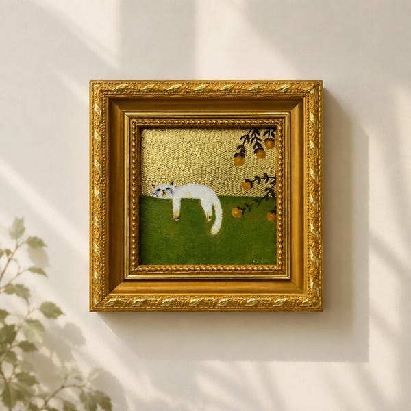 Original Oil Painting, Lazy Cat Wall Art, Framed Art, Canvas Wall Art, Small Gold Leaf Artwork