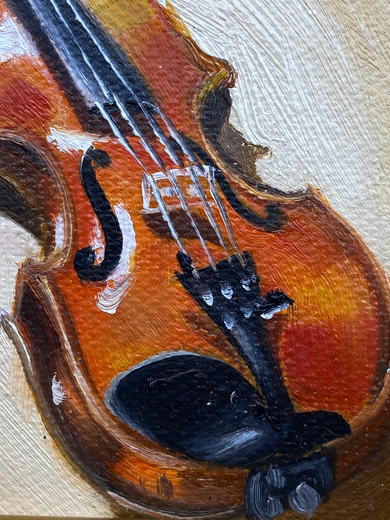 Original oljemålning, väggkonst för fiol, dekoration för musikrum, liten inramad canvastavla bild 7
