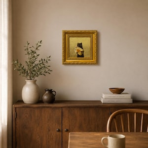 Original Oil Painting, Framed Canvas Wall Art, Small Gold Leaf Art, Gold Frame Wall Decor, Gift for Friends, Black Cat with Fish Tank image 3