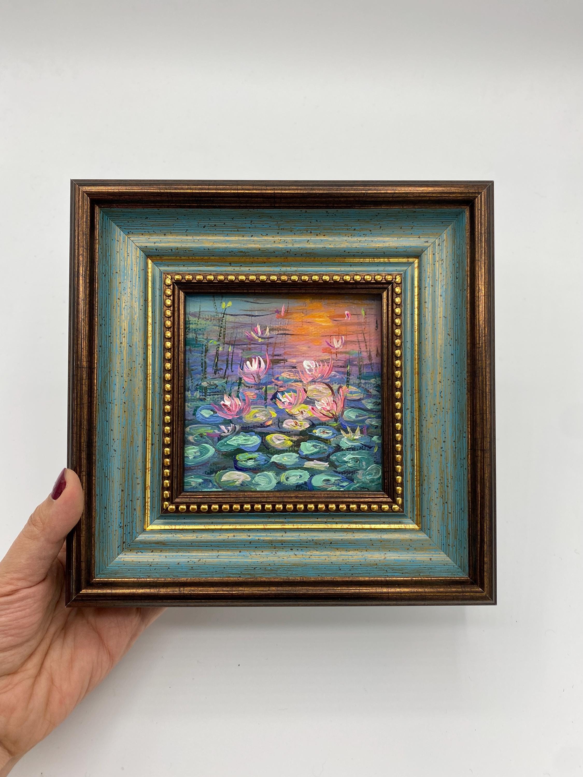 Original Oil Painting, Small Framed Original Art, 4x4 inch Canvas Artwork, Gift for Mom, Landscaping Wall Decor, Water Lily Lake