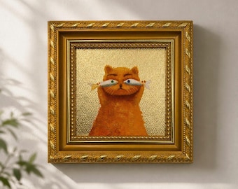 Original Oil Painting, Funny Cat Wall Art, Framed Wall Decor, Canvas Wall Art, Small Gold Leaf Artwork
