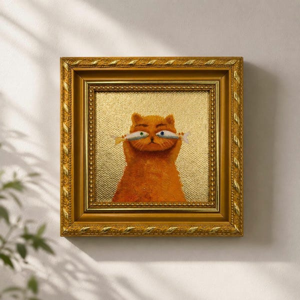 オリジナル油絵、おもしろい猫の壁アート、額装された壁飾り、キャンバス壁アート、小さな金箔アート作品