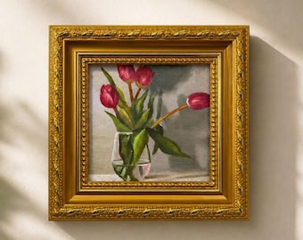 Original Oil Painting, Tulip Bouquet Wall Art, Floral Wall Art, Small Framed Art, Canvas Wall Art