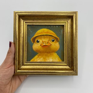 Original Oil Painting, Small Framed Original Art, 4x4 inch Canvas Artwork, Gift for Kids, Nursery Wall Art, Cute Duck