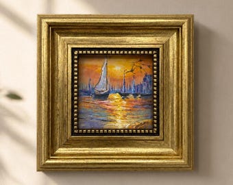Dipinto ad olio originale, Quadro da parete con barca a vela al tramonto, Quadro da parete con paesaggio marino, Quadro incorniciato, Quadro su tela