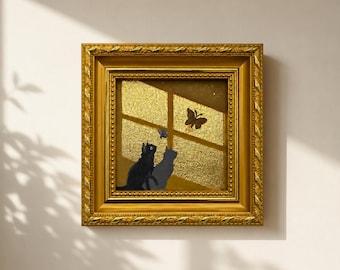 Original Oil Painting, Cat Canvas Wall Art, Framed Wall Decor, Small Gold Leaf Artwork