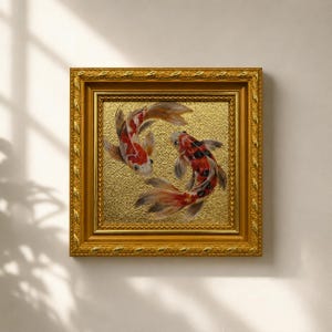 Peinture à l'huile originale, oeuvre d'art murale en toile poisson koi, décoration murale encadrée, petite oeuvre d'art à la feuille d'or
