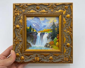 Original Oil Painting, Small Framed Original Art, 4x4 inch Canvas Artwork, Gift for Friends, Landscaping Wall Decor, Waterfall and Mountains