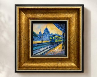 Original Oil Painting, Train Station Wall Art, Cityscape Wall Art, Framed Art, Canvas Wall Art