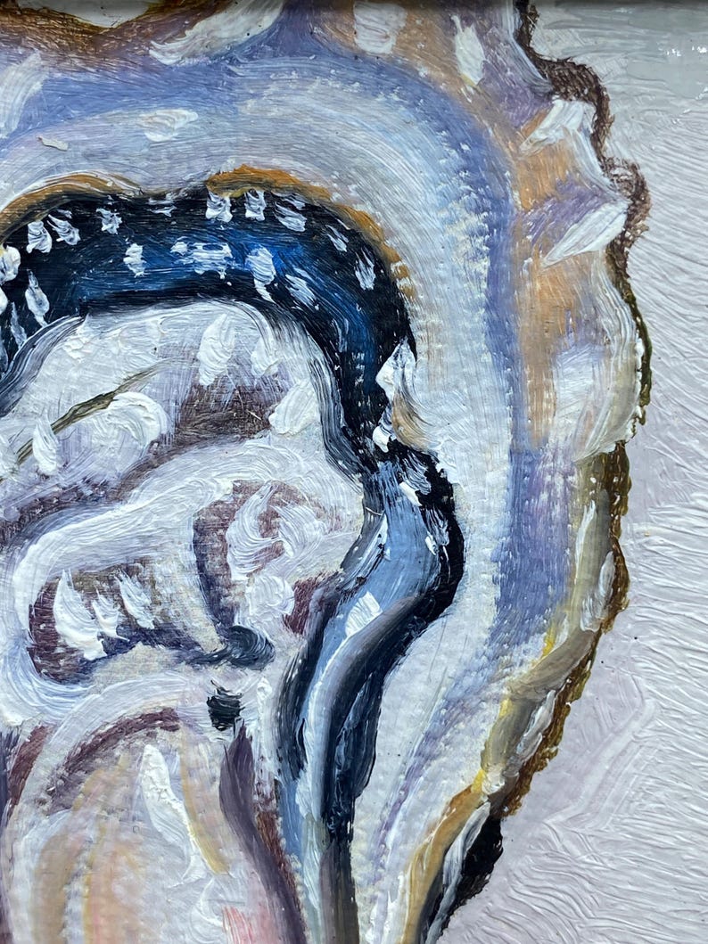 May include: Close-up of an abstract oil painting featuring an oyster shell. The artwork uses a palette of white, blue, brown, and gold. The brushstrokes are thick and textured, creating a sense of depth and movement. The painting has a natural, organic theme.
