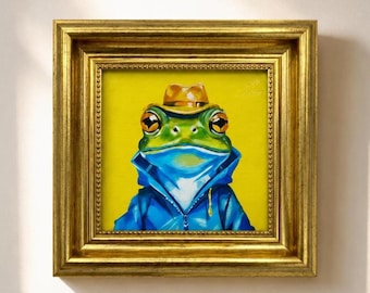 Originales Ölgemälde, Frosch-Wandbild, Wanddekoration fürs Kinderzimmer, gerahmtes Kunstwerk, Leinwandbild