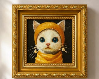 Original Oil Painting, Animal Wall Art Cat, Cute Cat Painting Nursery Decor, Small Framed Canvas Art, Original Painting