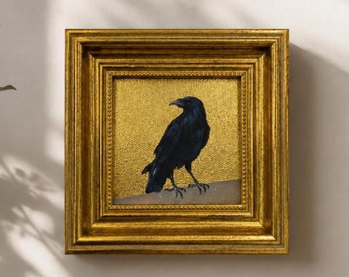 Original Oil Painting, Crow Canvas Wall Art, Framed Wall Decor, Small Gold Leaf Artwork, Gift for Friend