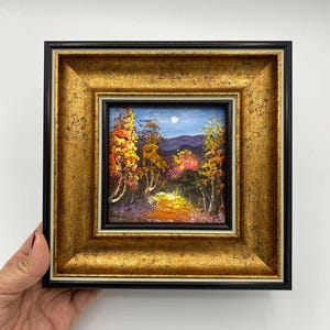 Original Oil Painting, Small Framed Original Art, 4x4 inch Canvas Artwork, Gift for Friends, Landscaping Wall Decor, Autumn Forest