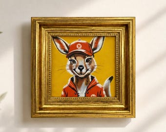 Pintura al óleo original, arte mural de canguro, decoración de pared para habitación infantil, lienzo pequeño enmarcado.