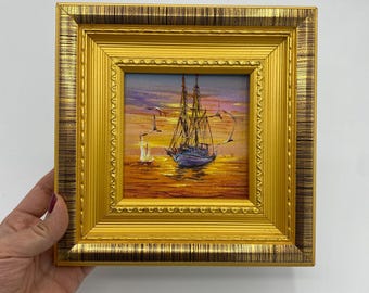Original Ölgemälde, kleines gerahmtes Originalkunstwerk, 4 x 4 Zoll Leinwand Kunstwerk, Geschenk für Freunde, Landschaftswanddekor, Sonnenuntergang Boot und Meer