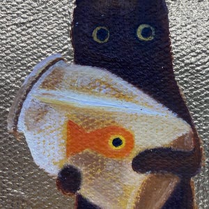 Original Oil Painting, Framed Canvas Wall Art, Small Gold Leaf Art, Gold Frame Wall Decor, Gift for Friends, Black Cat with Fish Tank image 8