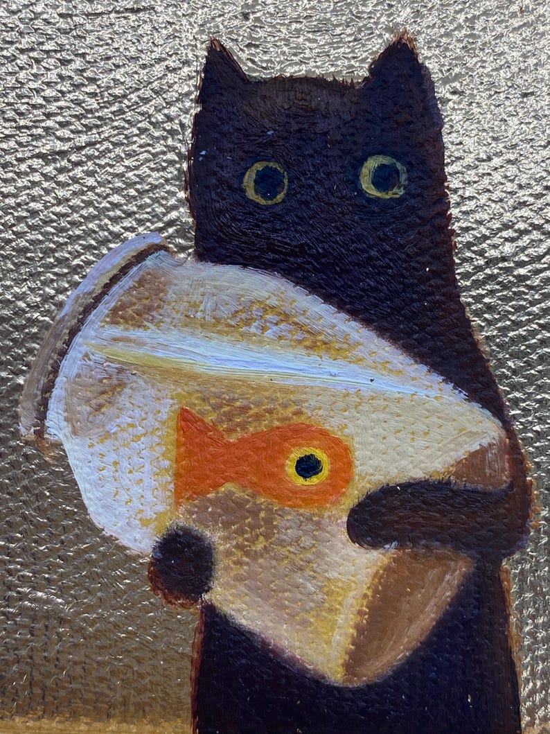 Original Oil Painting, Framed Canvas Wall Art, Small Gold Leaf Art, Gold Frame Wall Decor, Gift for Friends, Black Cat with Fish Tank image 8