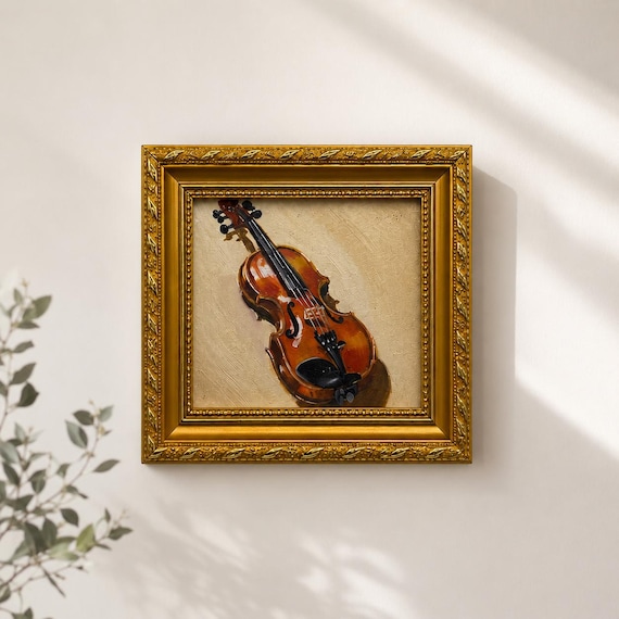 Original Oil Painting, Violin Wall Art, Music Room Decor, Small Framed Canvas Art