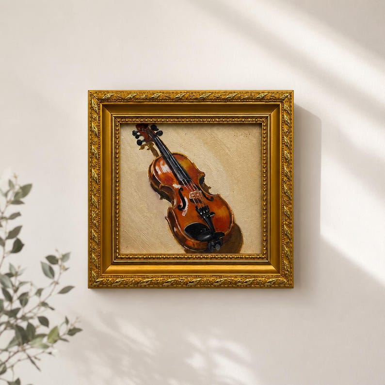 Original oljemålning, väggkonst för fiol, dekoration för musikrum, liten inramad canvastavla bild 1
