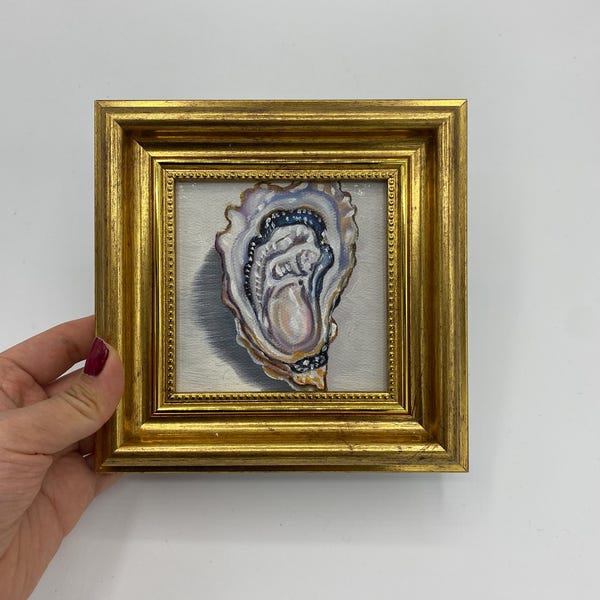 Handgeschilderd olieverfschilderij, kleine ingelijste originele kunst, housewarmingcadeau, muurdecoratie keukenvoedsel, Oyster