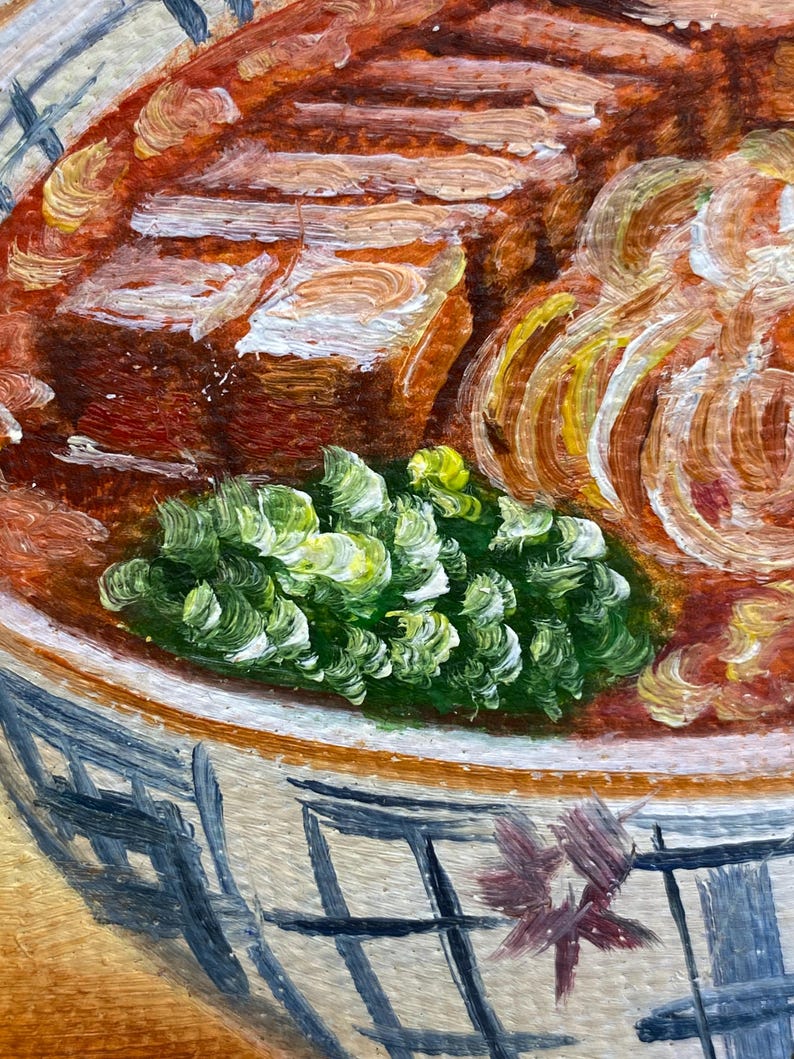 May include: An oil painting of a bowl of food featuring thick slices of brown meat, a pile of bright green leafy vegetables, and translucent yellow onion rings. The bowl has a white base with a dark blue grid pattern and a small floral detail.