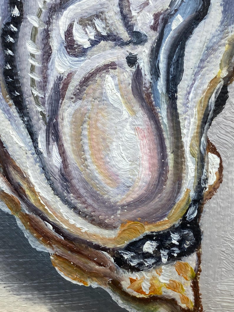 May include: Close-up of an abstract oil painting with a palette of neutral colors. The artwork features swirling brushstrokes in shades of white, gray, brown, and gold, with a central area of soft pink and peach tones. The texture is thick and visible.