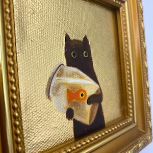 Original Oil Painting, Framed Canvas Wall Art, Small Gold Leaf Art, Gold Frame Wall Decor, Gift for Friends, Black Cat with Fish Tank image 7