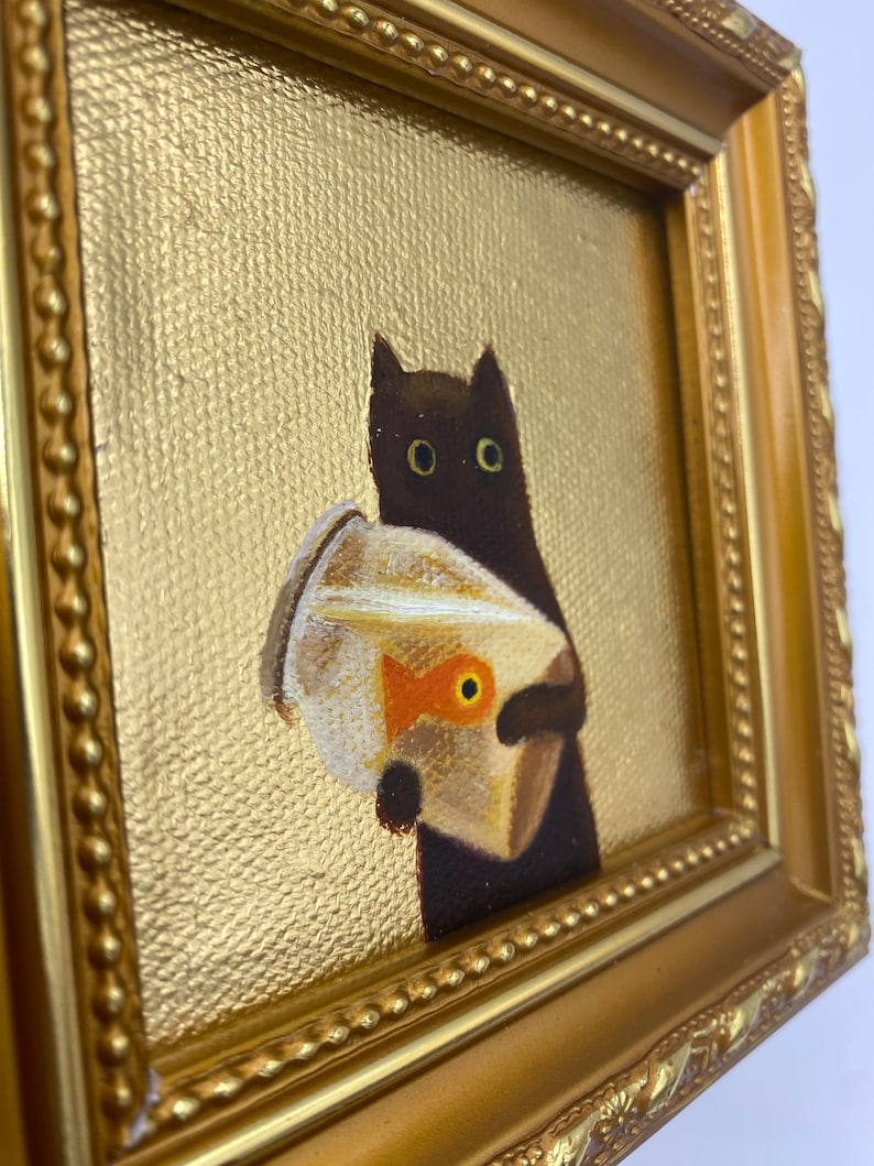 Original Oil Painting, Framed Canvas Wall Art, Small Gold Leaf Art, Gold Frame Wall Decor, Gift for Friends, Black Cat with Fish Tank image 7