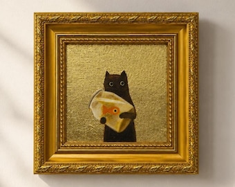 Original Oil Painting, Framed Canvas Wall Art, Small Gold Leaf Art, Gold Frame Wall Decor, Gift for Friends, Black Cat with Fish Tank