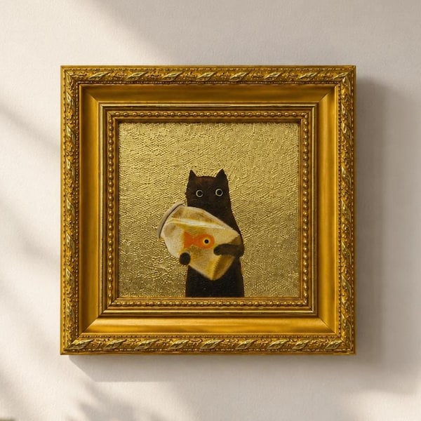 Peinture à l'huile originale, toile encadrée, petit tableau à la feuille d'or, décoration murale avec cadre doré, cadeau pour les amis, chat noir avec aquarium